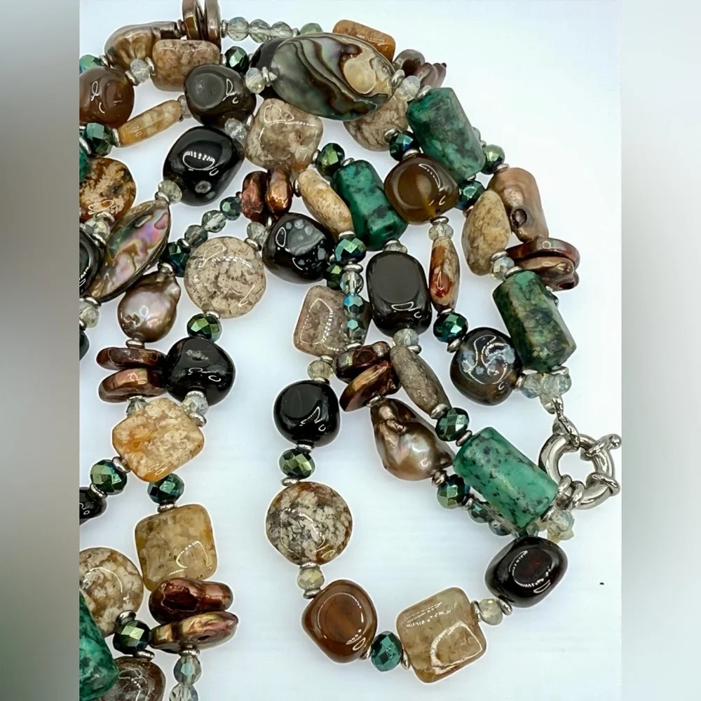 Three-Strand Multi-Gemstone Flameball Pearl Shell & Crystal Necklace 18” 20” 22” - Picture 15 of 17